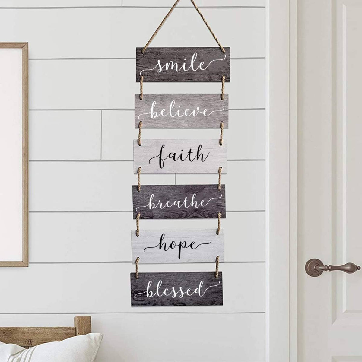 Hanging wood plaque stencils with words smile, believe, faith, breathe, hope, blessed