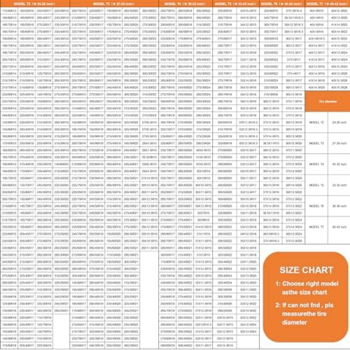 RV tire cover size chart listing models and tire diameter measurements