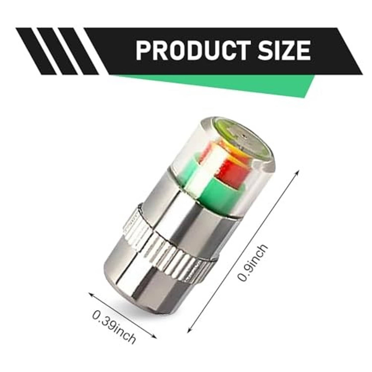 Silver valve stem cap with colorful indicator ring and knurled grip, size shown