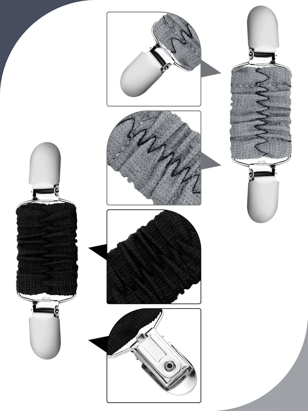 Dress cinch clips set with ribbed bands in gray, black, and white, shown close-up