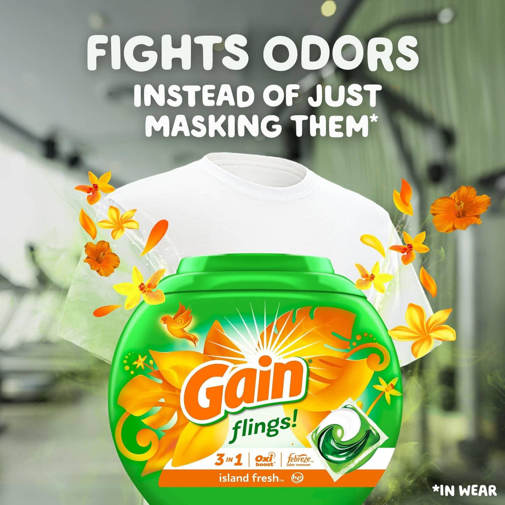 Laundry detergent ad with white T-shirt and green Gain flings container, odor-fighting