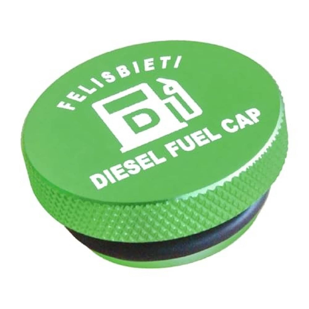 Green diesel fuel cap, oval top with white emblem and textured side rim