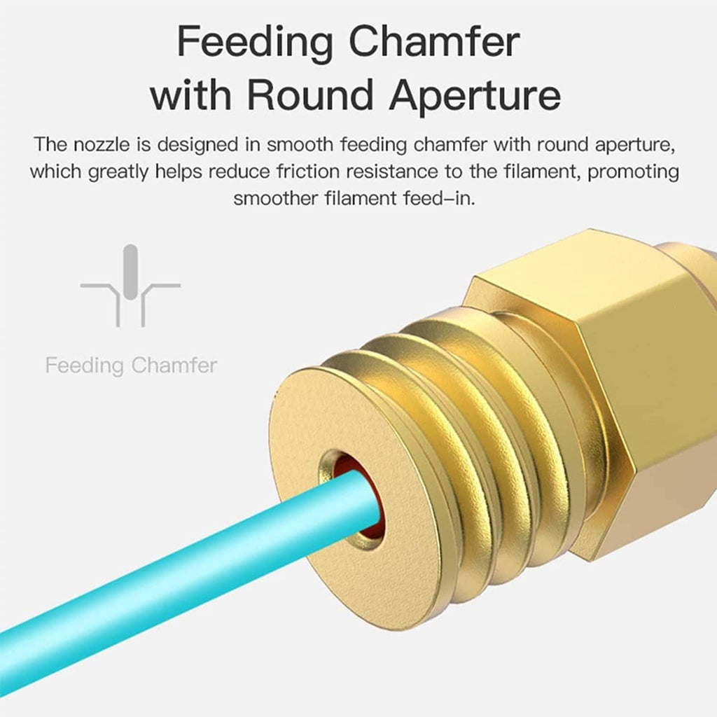 Gold brass nozzle with round aperture feeding chamfer for smoother filament entry