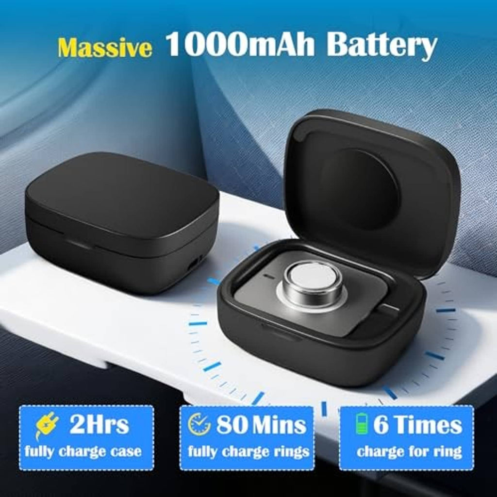 Black charging case open with ring cradle and silver button; small closed case