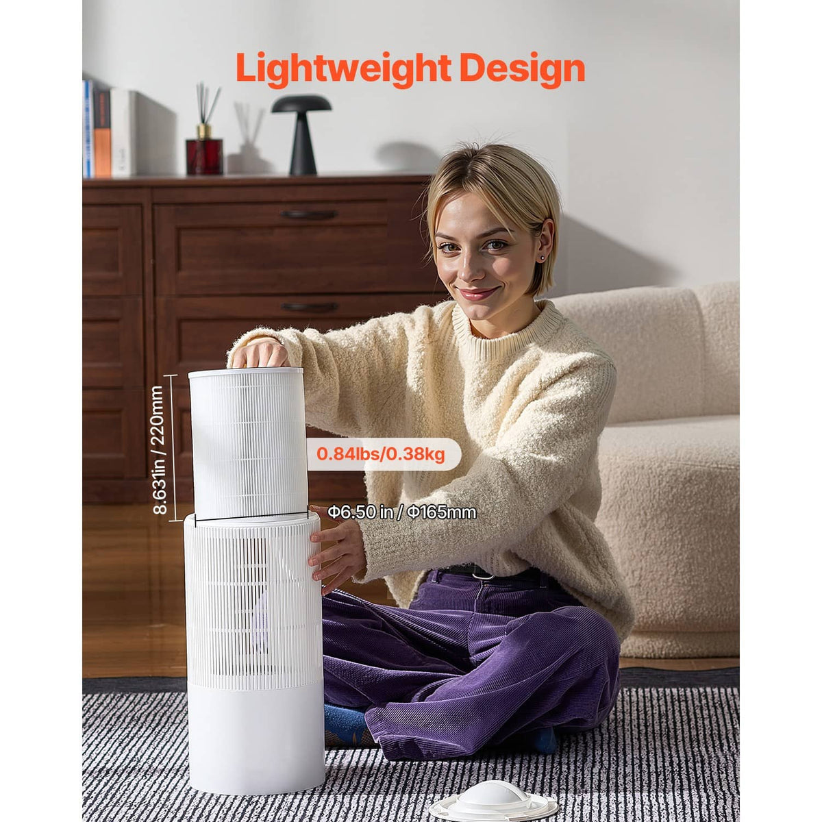 White cylindrical air cleaner replacement filter, lightweight design with compact stacked form
