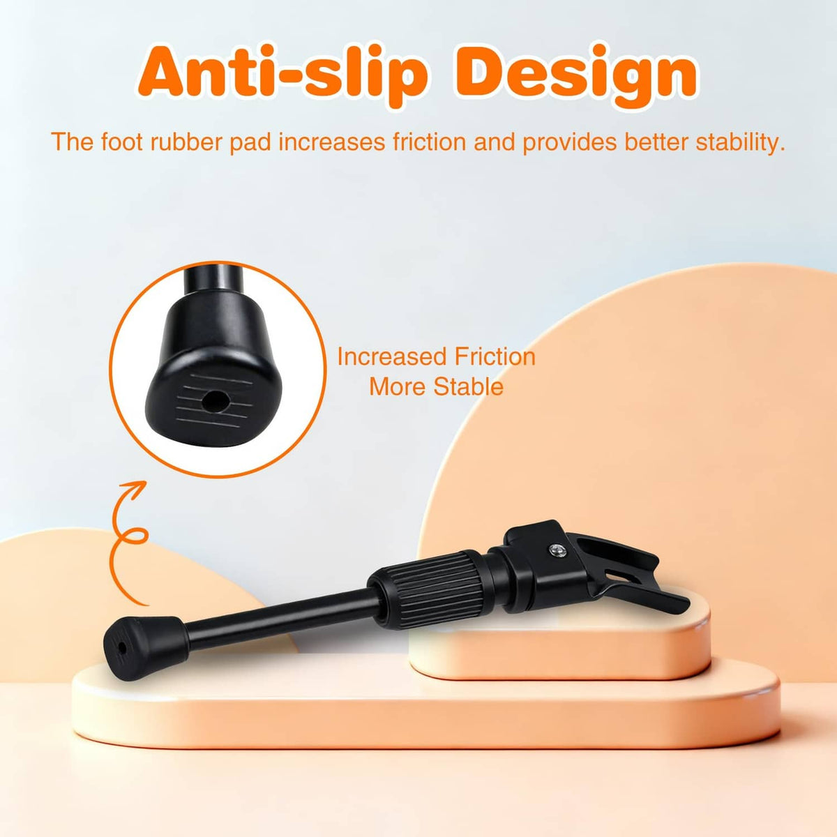 Black kickstand with anti-slip rubber foot for improved stability