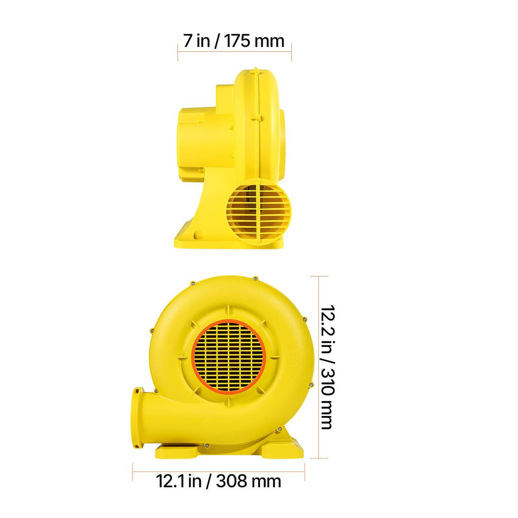 Yellow blower side and front size view with circular fan intake and stand base