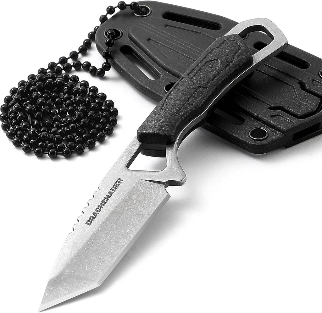 Small tanto neck knife with dark sheath and beaded necklace cord