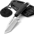 Small tanto neck knife with dark sheath and beaded necklace cord