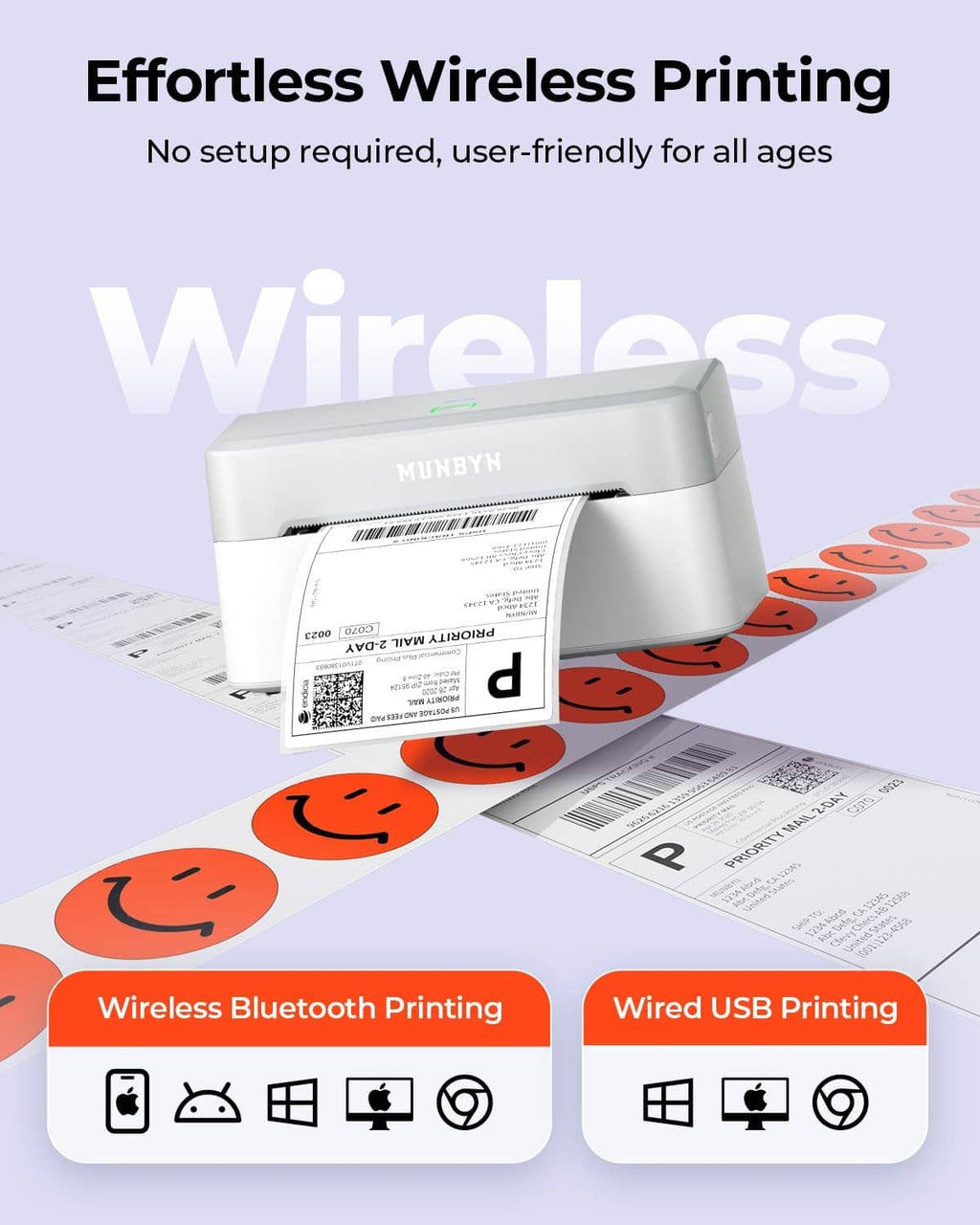 Grey wireless thermal label printer feeding a shipping label with barcode