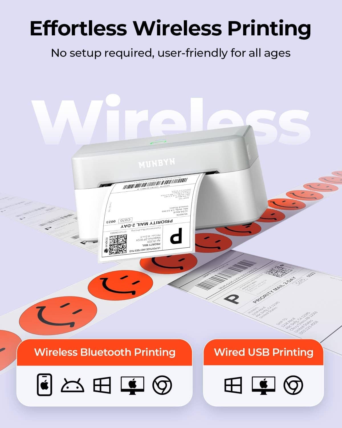 Grey wireless thermal label printer feeding a shipping label with barcode