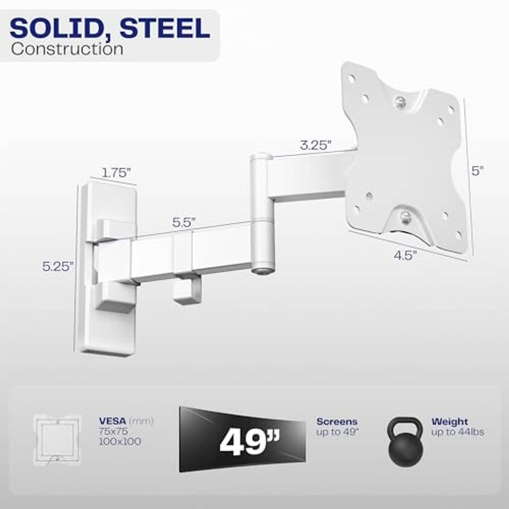White solid-steel wall monitor mount bracket with VESA mounting plate and dimensions