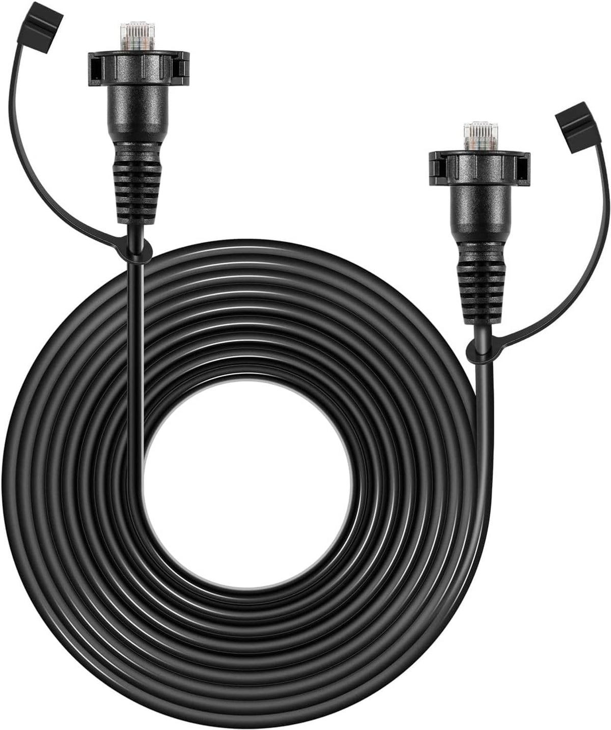 Coiled marine network cable with two RJ45 male connectors and protective caps
