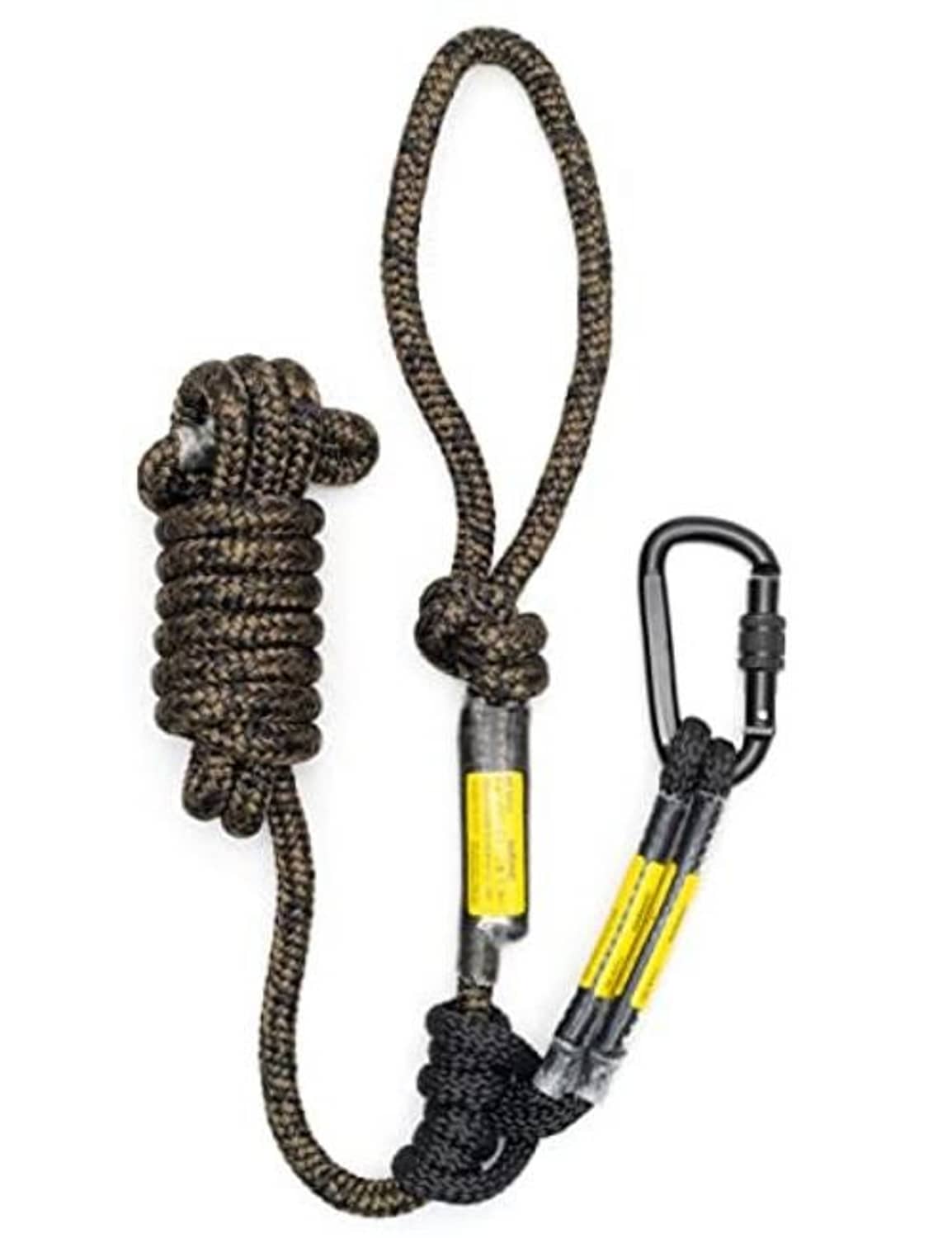 Treestand safety rope with looped knots and carabiner, dark braided cord with yellow labels