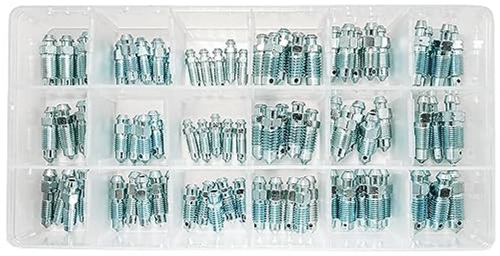 Brake bleeder screw kit with mixed SAE and metric bleeding screws in organizer case