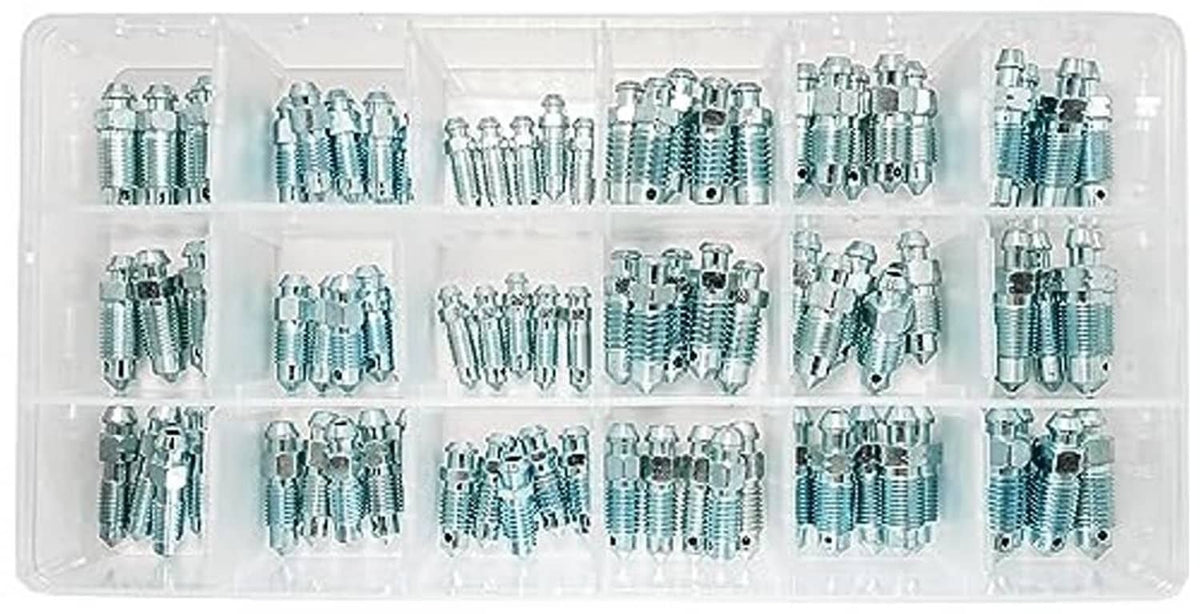Brake bleeder screw kit with mixed SAE and metric bleeding screws in organizer case