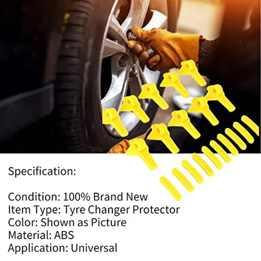 Yellow tire changer protectors and insert strips with a tire changer head