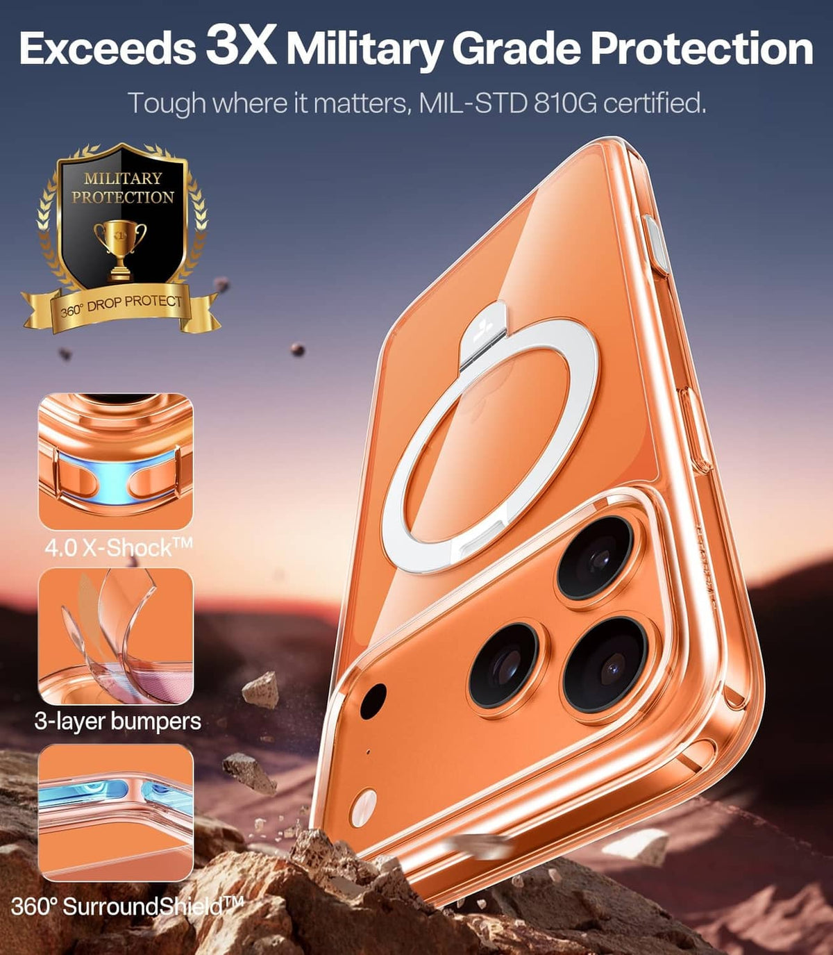 Orange iPhone case with magnetic ring stand and reinforced 3-layer bumpers for drops
