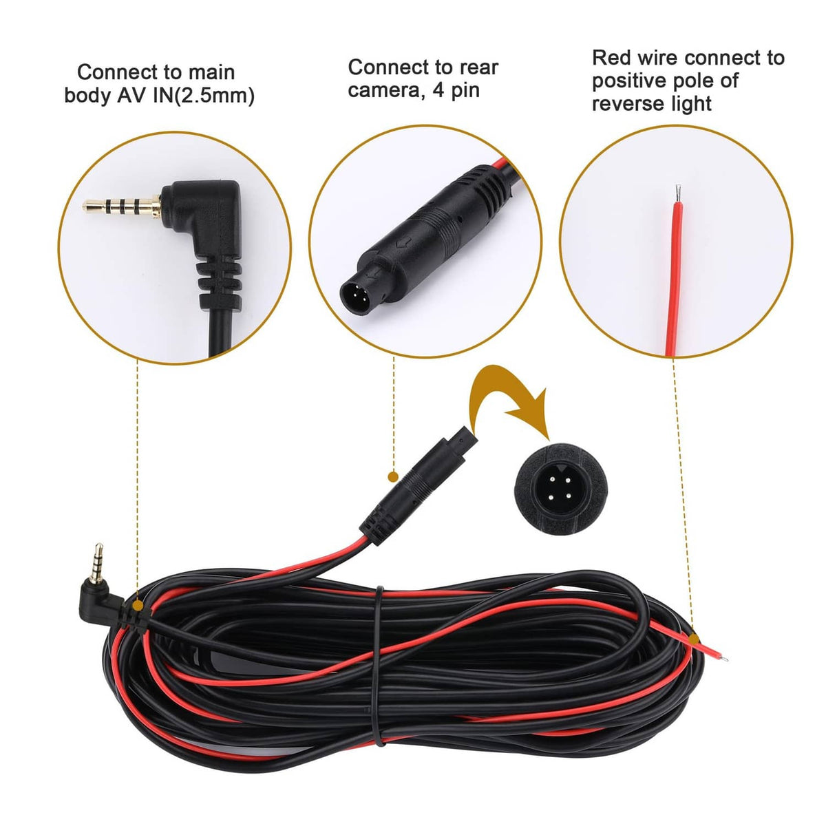 Black rear camera extension cable with 4-pin rear camera plug and red reverse trigger wire