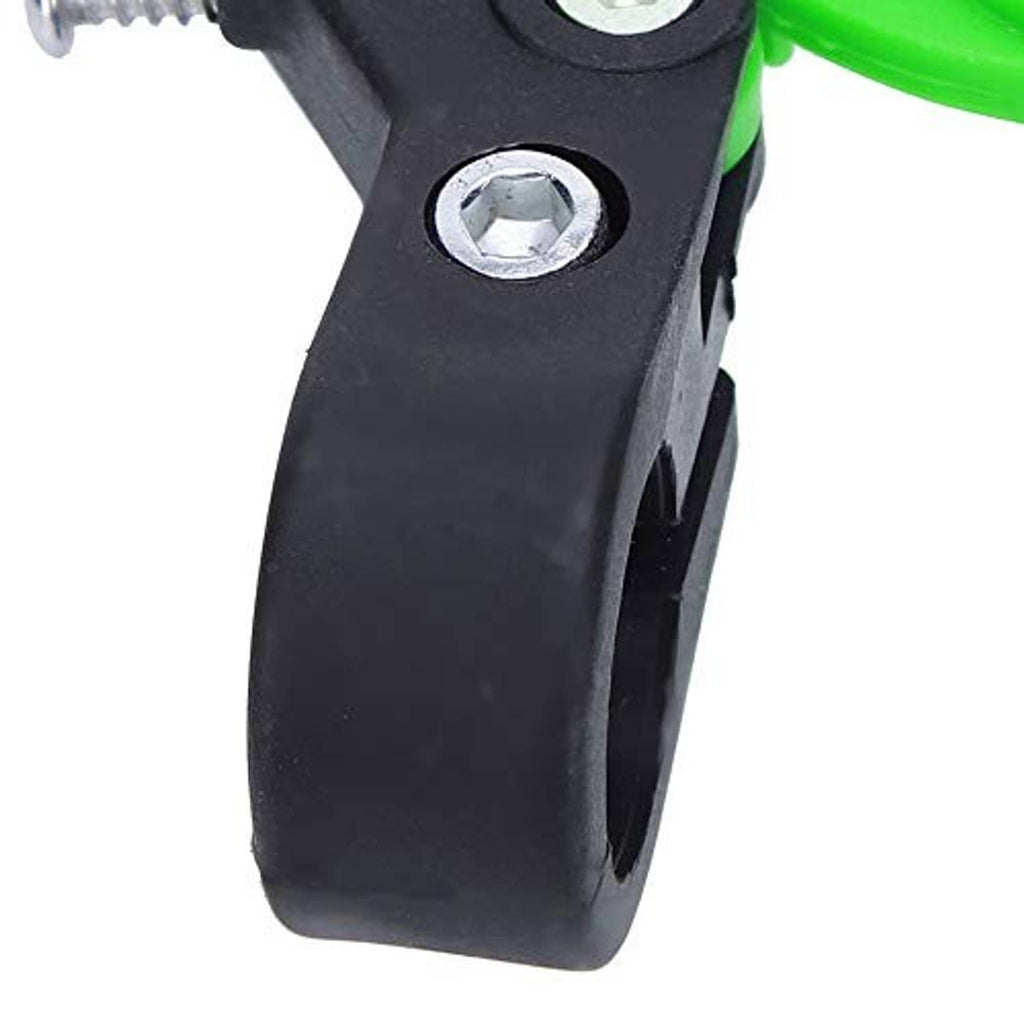 Close-up of black bike brake lever clamp with silver bolt and neon green arm