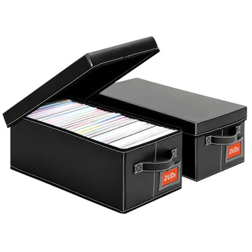 Black faux leather DVD storage box set with lid open and side storage pockets
