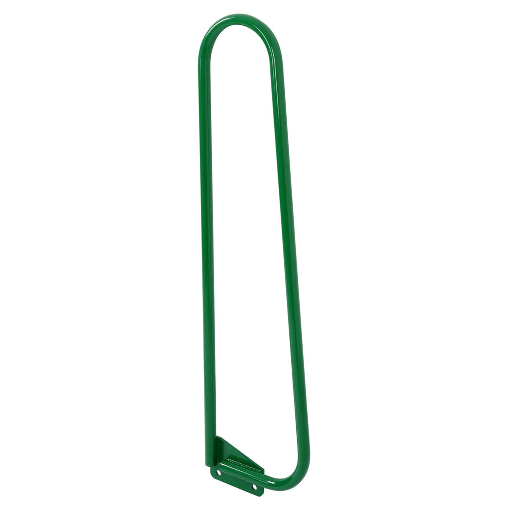 Green U-shaped handrail for tractor step extension with base bracket mounts