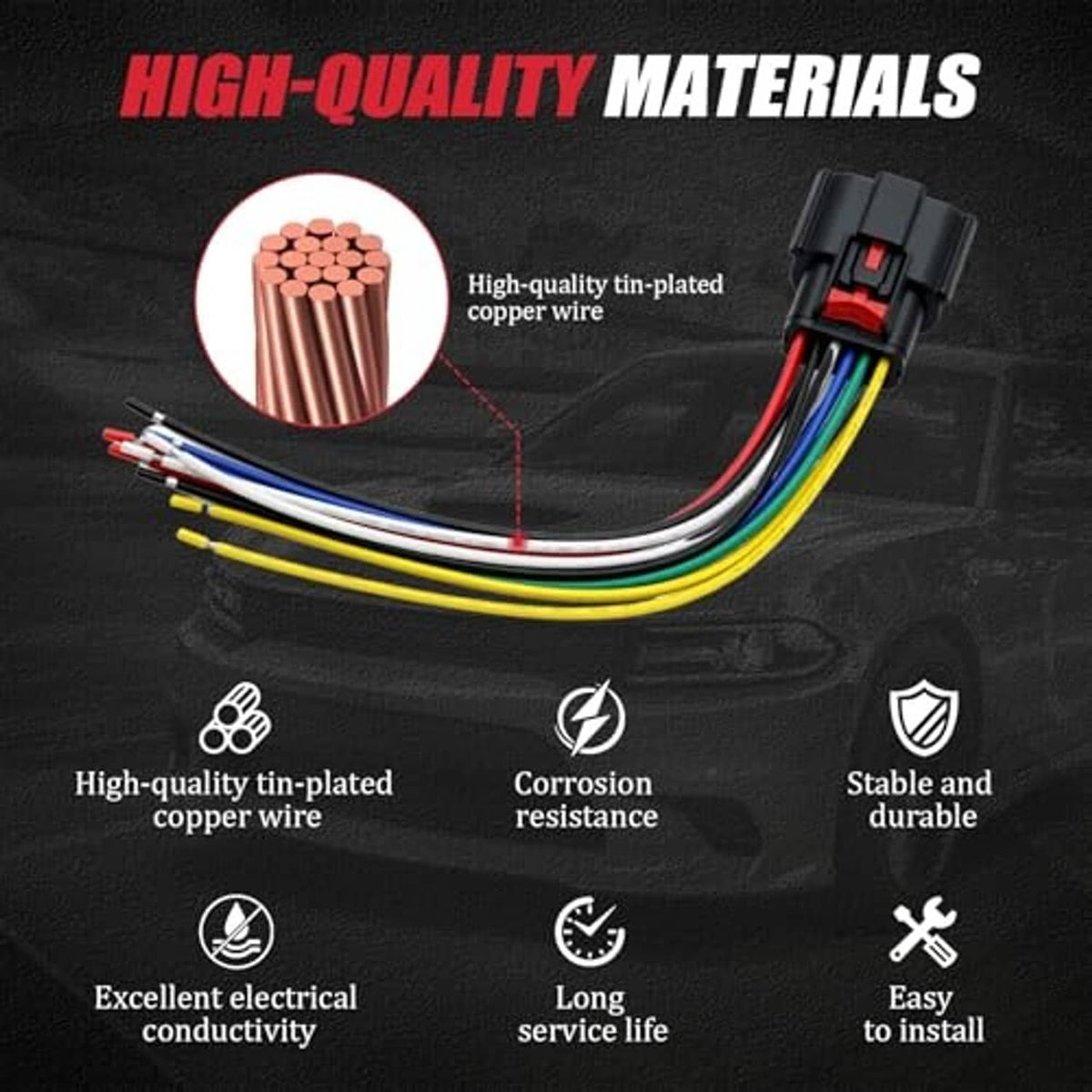 Headlight connector pigtail with multi-color wire harness and tinned copper leads