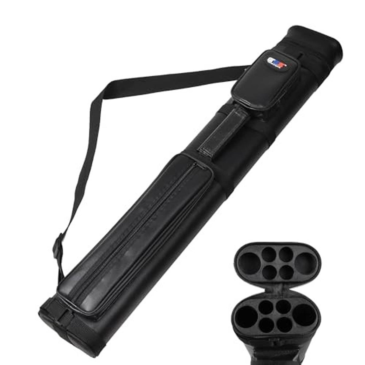 Black 2-stick cue case with carry strap, stitched panels, and two oval interior compartments
