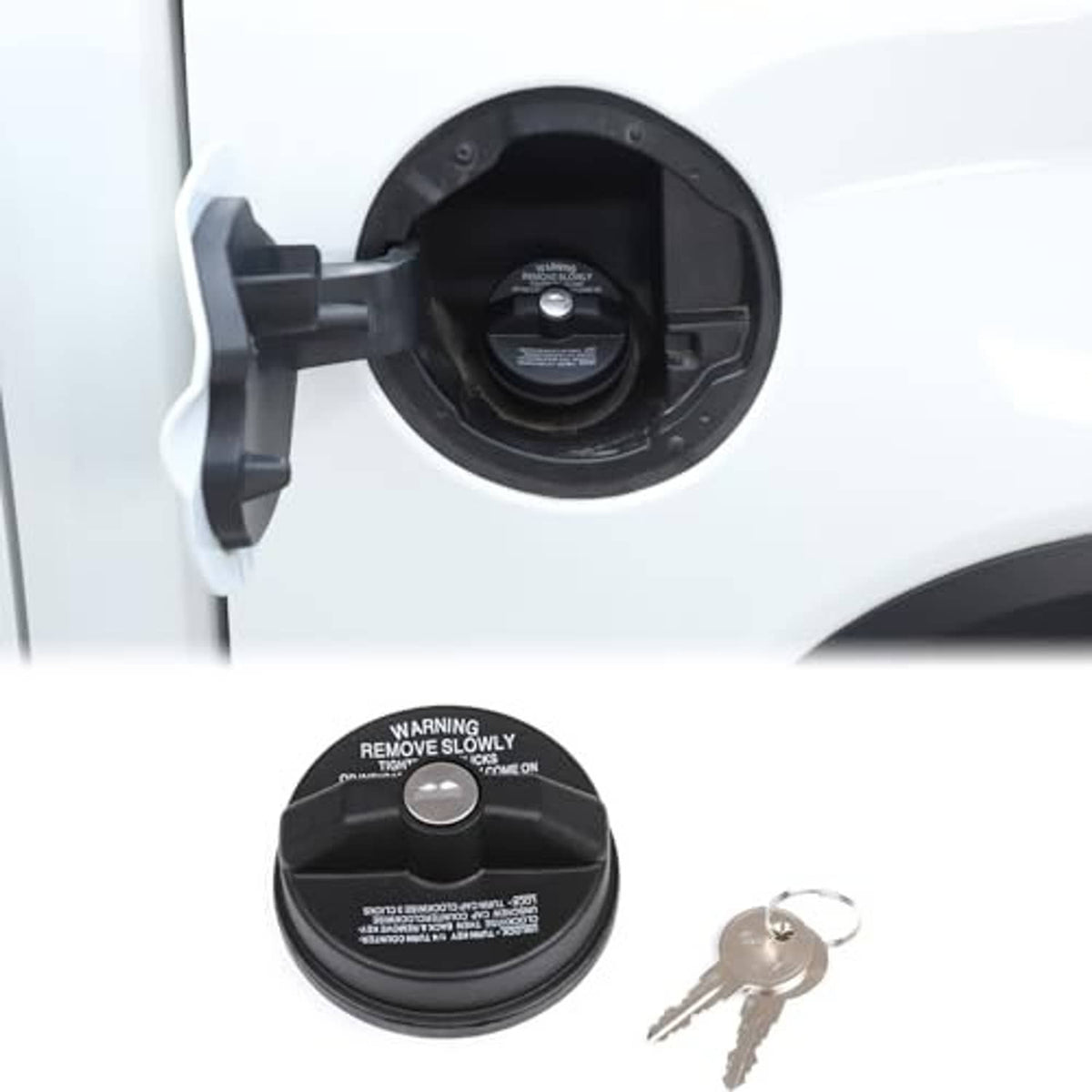 Fuel tank lock cap replacement with black circular cover and two keys, product view