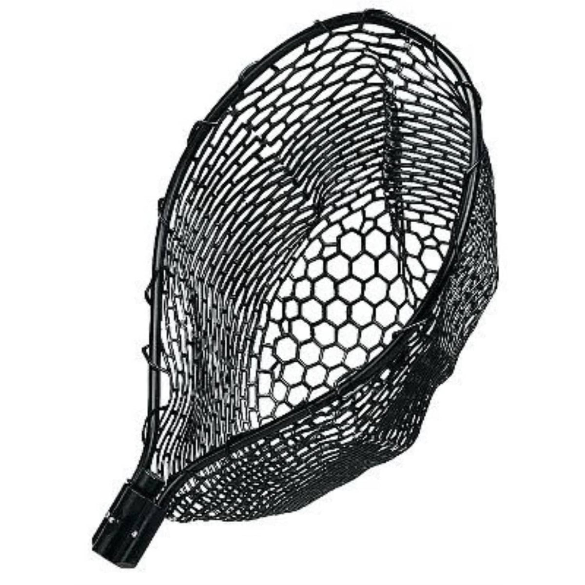 Frabill tangle free rubber replacement hoop net with dark hexagonal mesh, curved frame