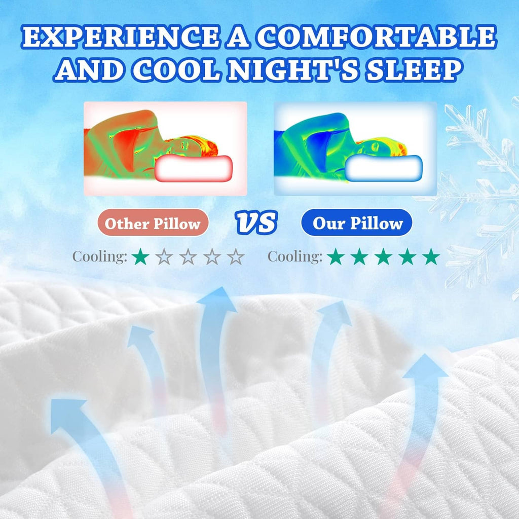 Cooling memory foam pillow with quilted white cover on bed linens