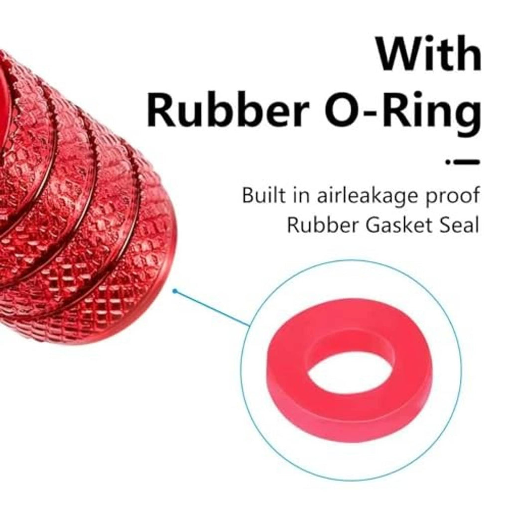 Red tire valve stem cap with Toyota logo and rubber O-ring gasket seal