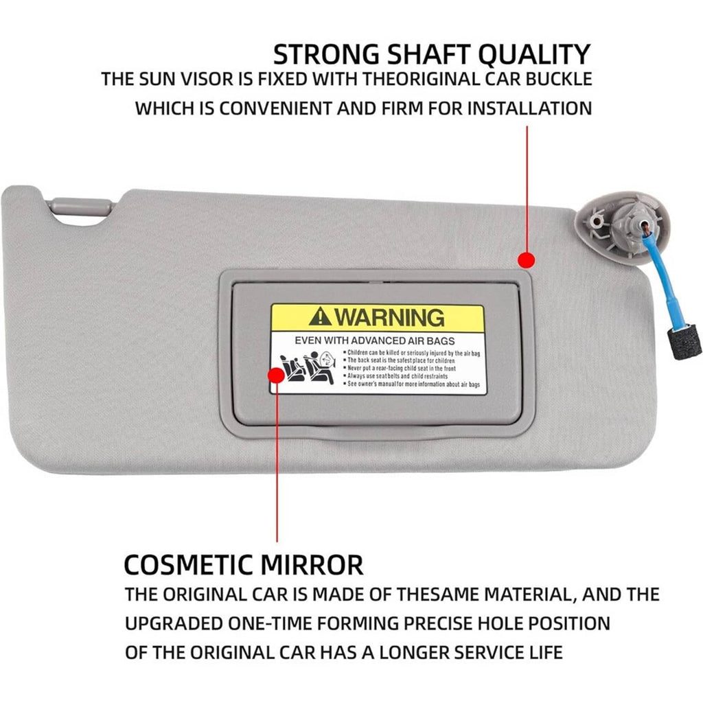 Gray sun visor pair with warning label and blue rotary mirror mount