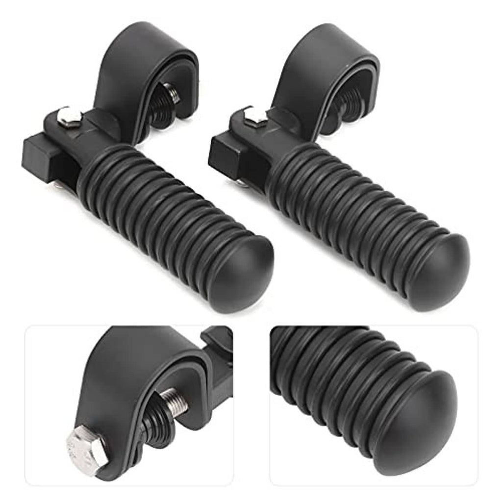 Black motorcycle foot pegs showing threaded insert detail and ribbed rubber pad ends