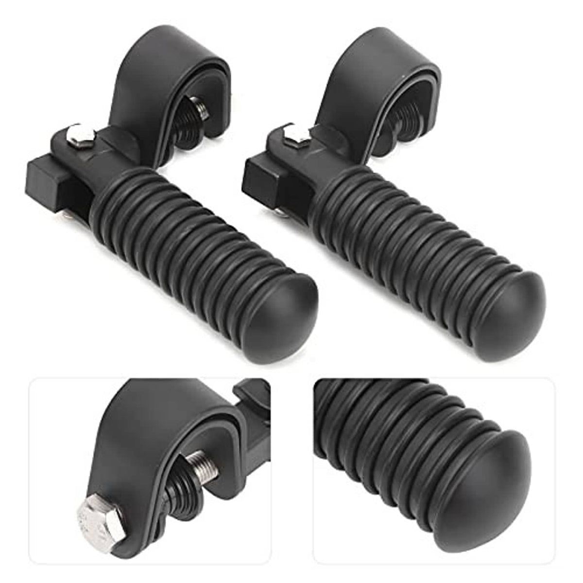 Black motorcycle foot pegs showing threaded insert detail and ribbed rubber pad ends