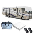 Gray camper trailer cover set with folded cover, storage bag, and windproof straps