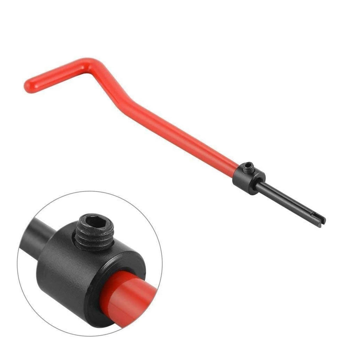 Red-and-black thread tap handle with SAE insert adapter, showing close-up tip