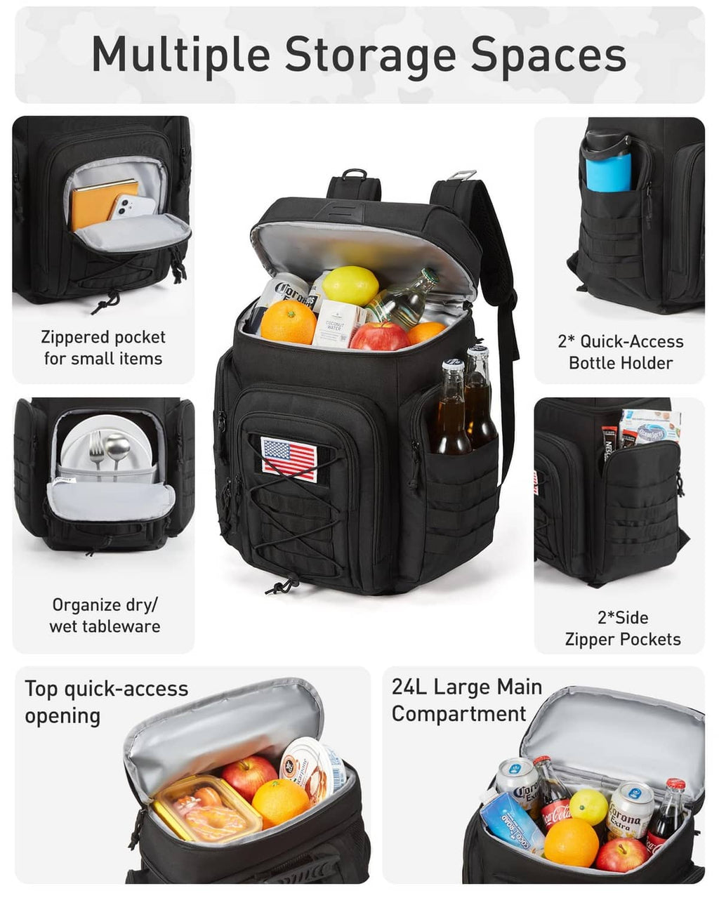 Black tactical cooler backpack showing multiple compartments and top quick-access opening