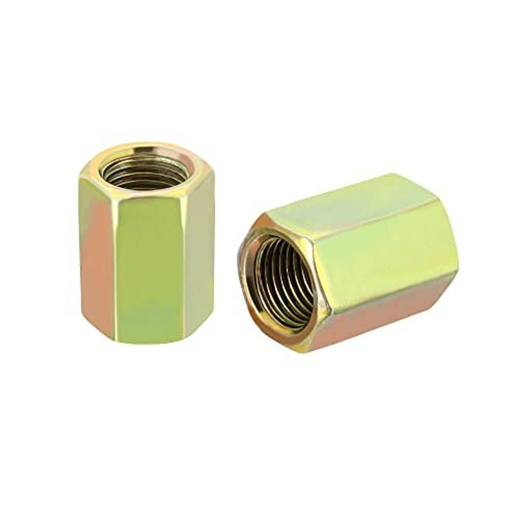 Two angled M10 fine-thread hex coupling nuts, gold zinc-plated, visible internal threads