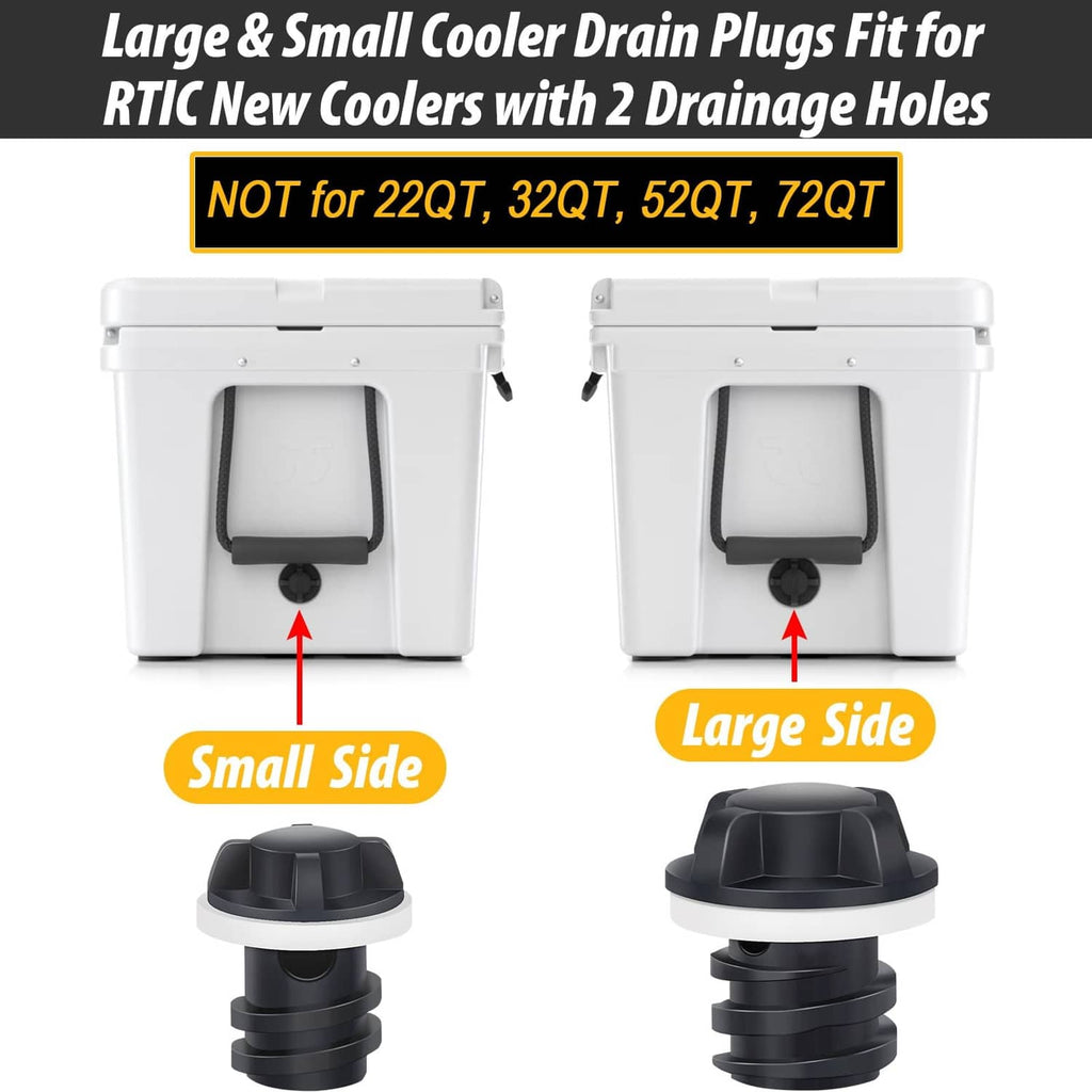 Two black cooler drain plugs for dual drainage holes, sized for small and large sides