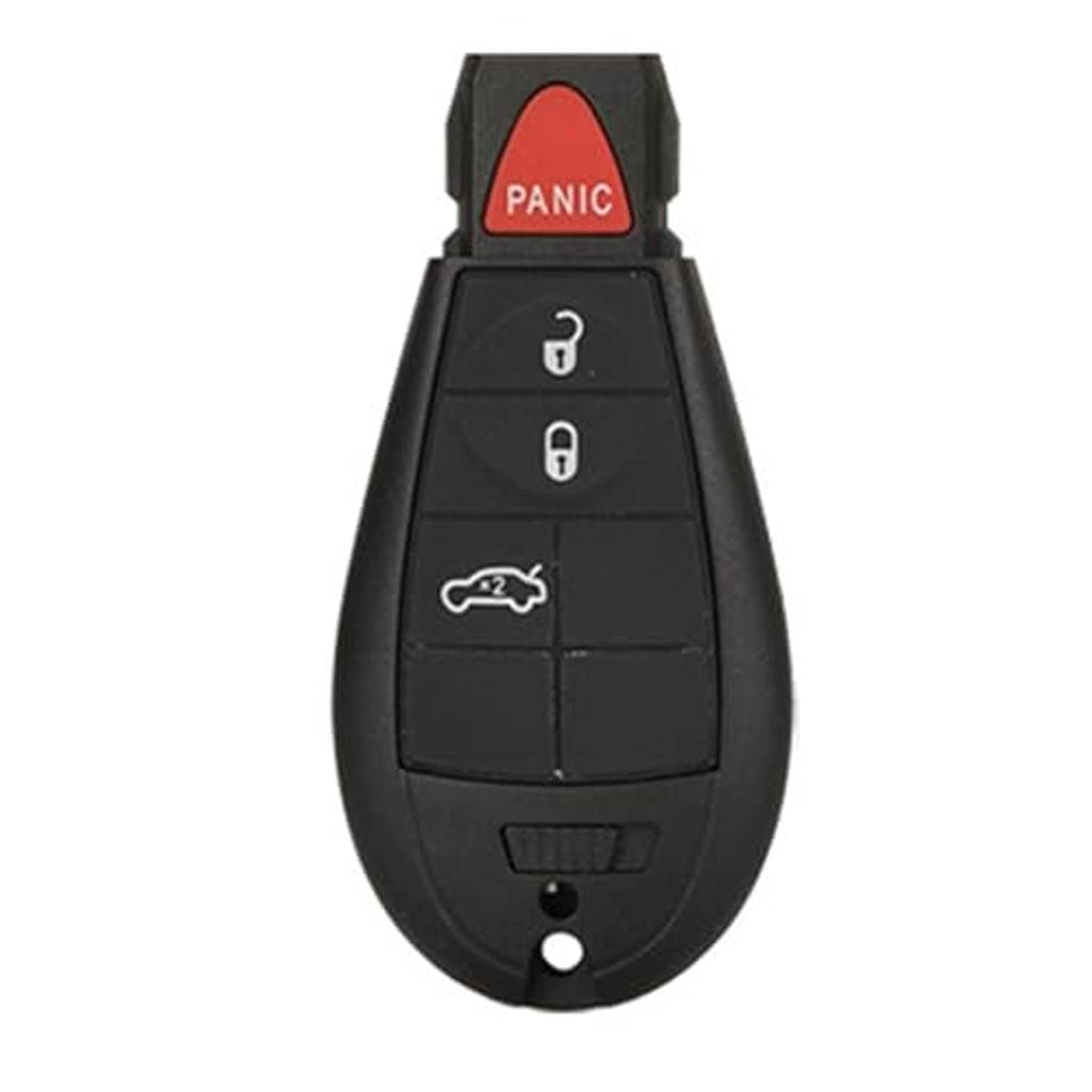 Black key fob shell case, red PANIC button on top and three lock/unlock icon buttons