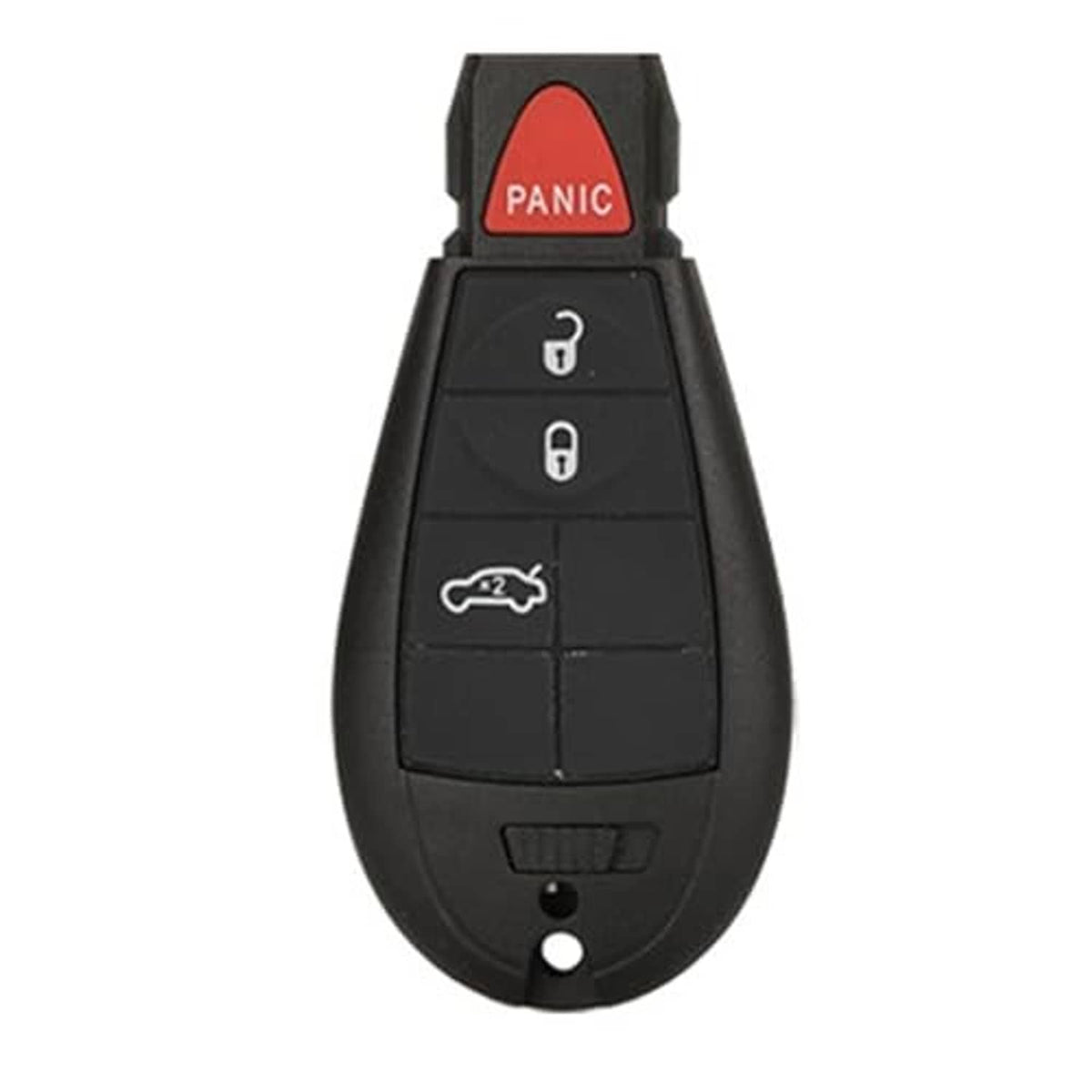 Black key fob shell case, red PANIC button on top and three lock/unlock icon buttons