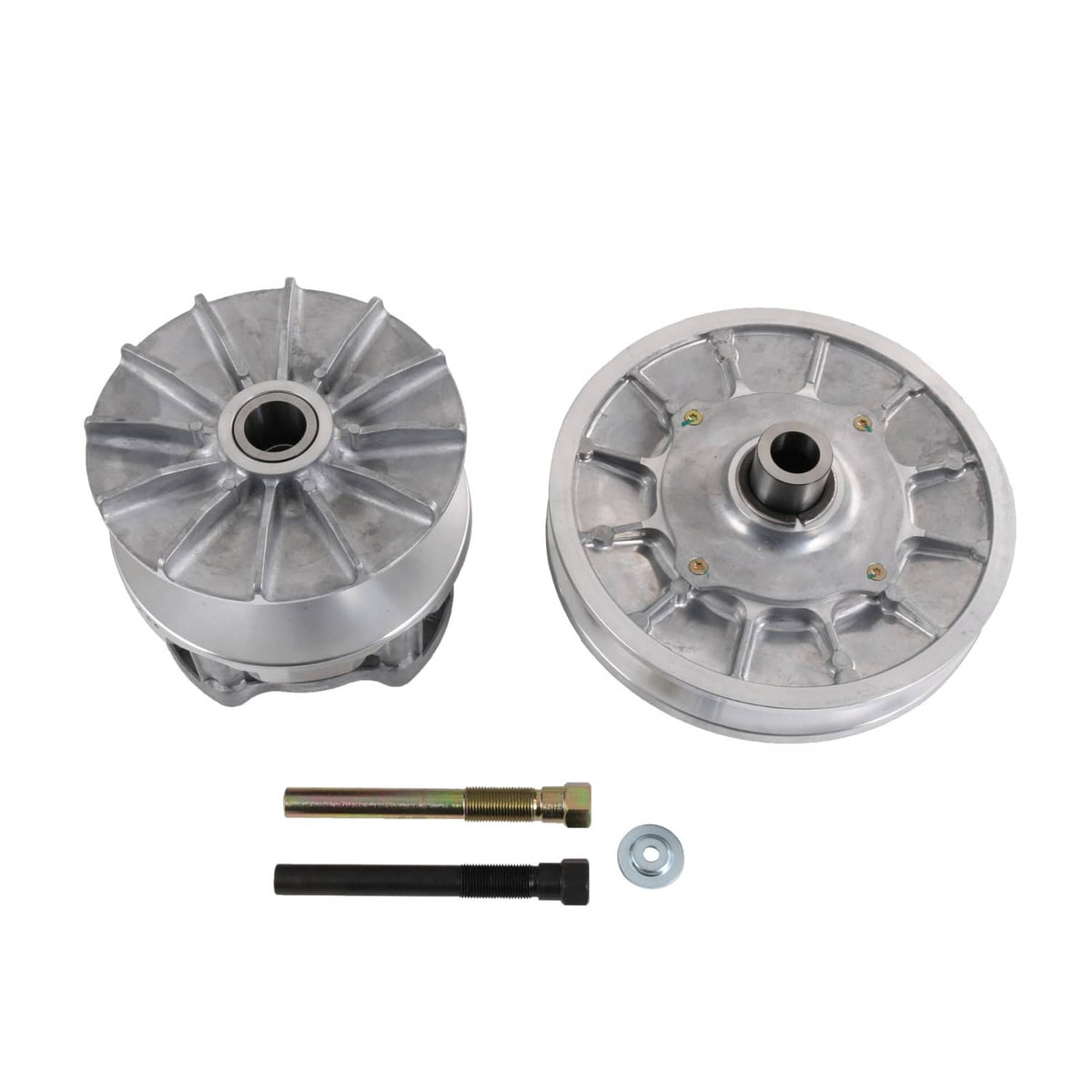 Silver clutch drum pair with pins and bolts included in the kit