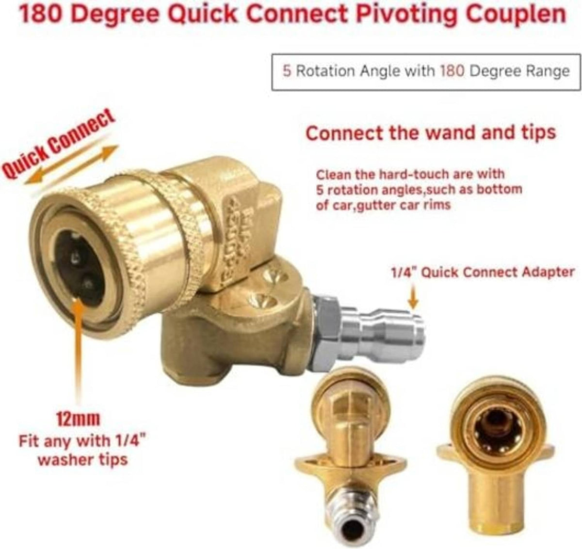 Brass quick-connect pivoting coupler with 1/4 adapter and matching hose fittings