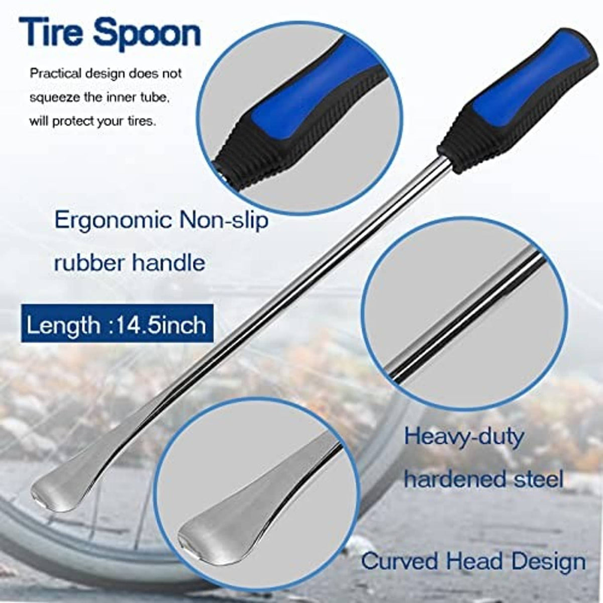 Curved tire spoon tool with blue non-slip rubber handle and hardened steel head