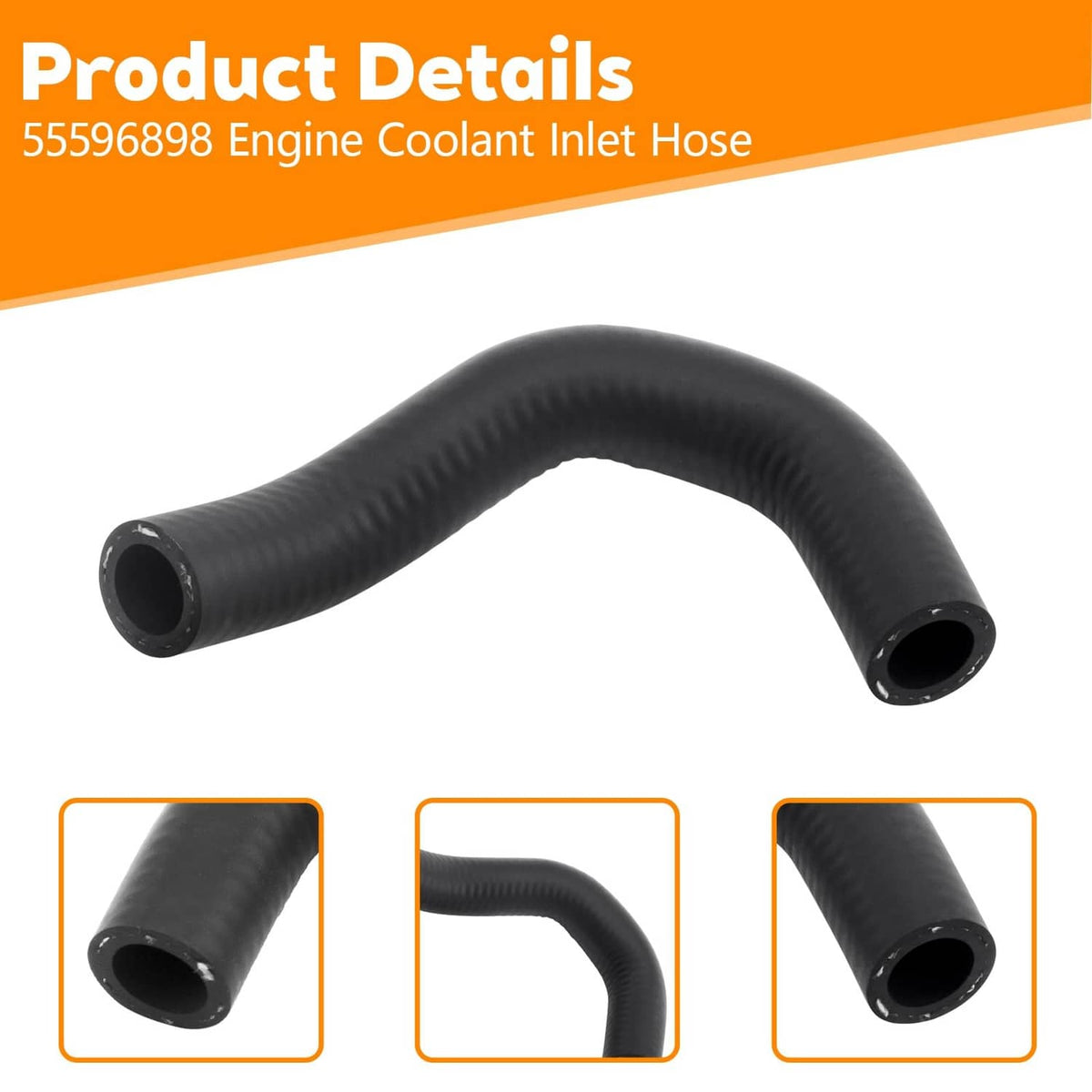 Black engine coolant inlet hose, close-up view with two circular openings