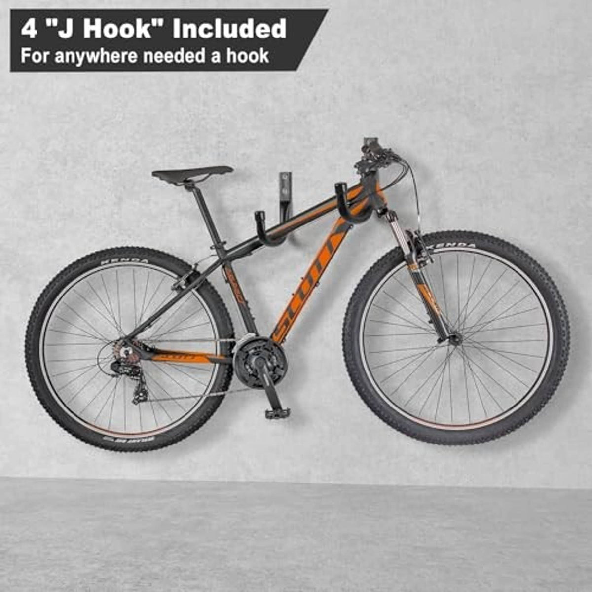 Black steel J hook accessory for hanging, shown with a bicycle frame.
