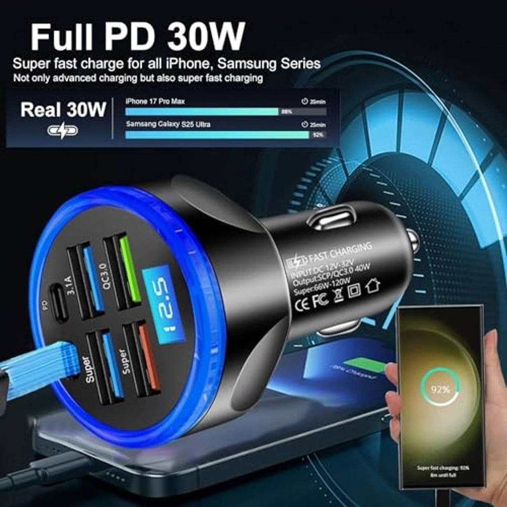USB car cigarette lighter adapter with blue-ring multiport USB and compact metal housing
