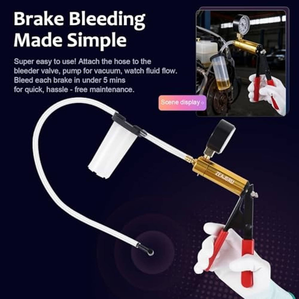 Brake bleeder vacuum pump set with hose, capped fluid fitting, and hand pump