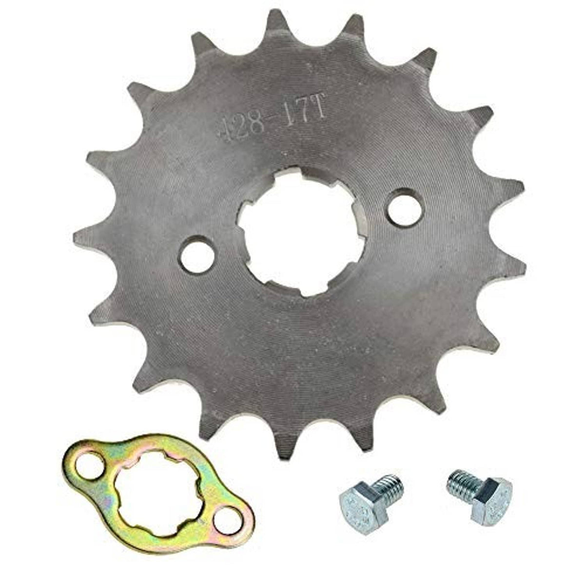 17T motorcycle front engine sprocket with hardware: bolts and retaining plate